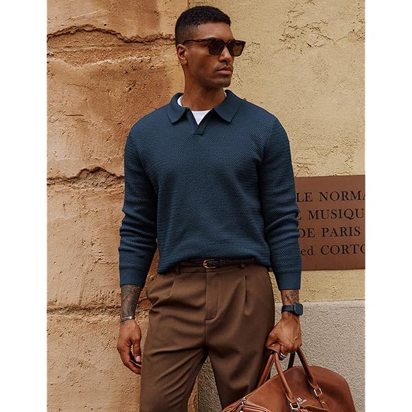 Navy Textured Polo Collar Long-Sleeve Knit Top